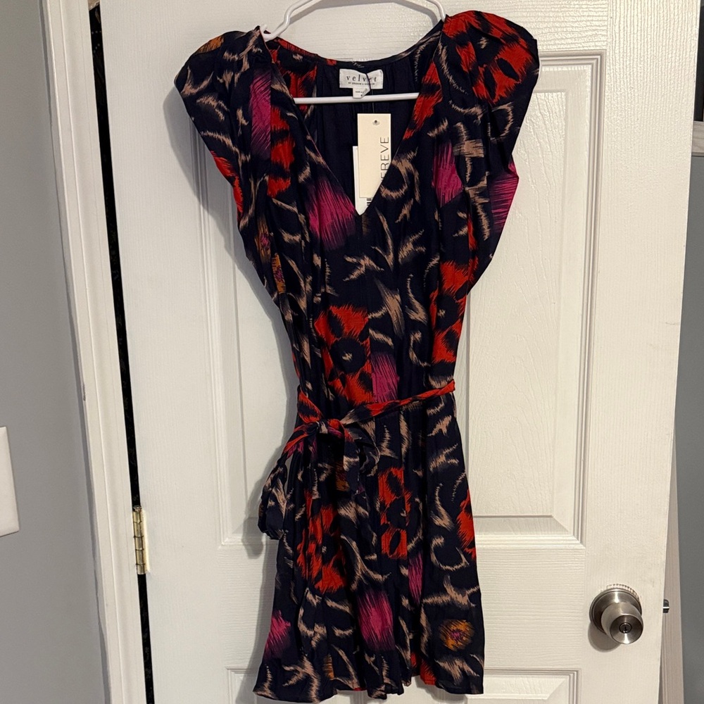 Velvet by Graham & Spencer Black Mini Dress with Red and Magenta Floral Print